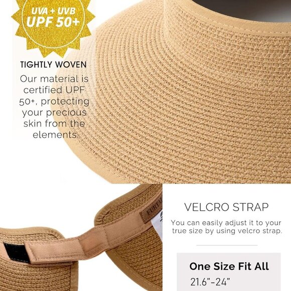 Sun Visor Hats for Women Wide Brim Straw Ponytail Summer Beach Hat UV UPF Packab - Picture 7 of 8